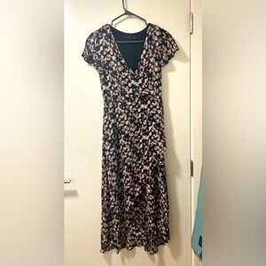 Aritzia Talula hi-Lo wrap style black/beige/brown/mauvey floral print dress US4